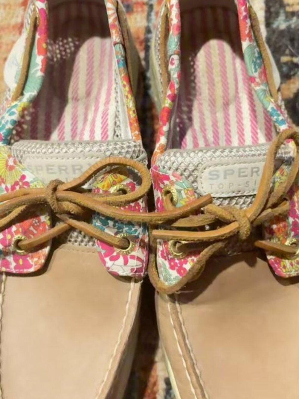 Sperry Bluefish Liberty Floral Boat Shoes Tan Leather Pink Stripe Size 7